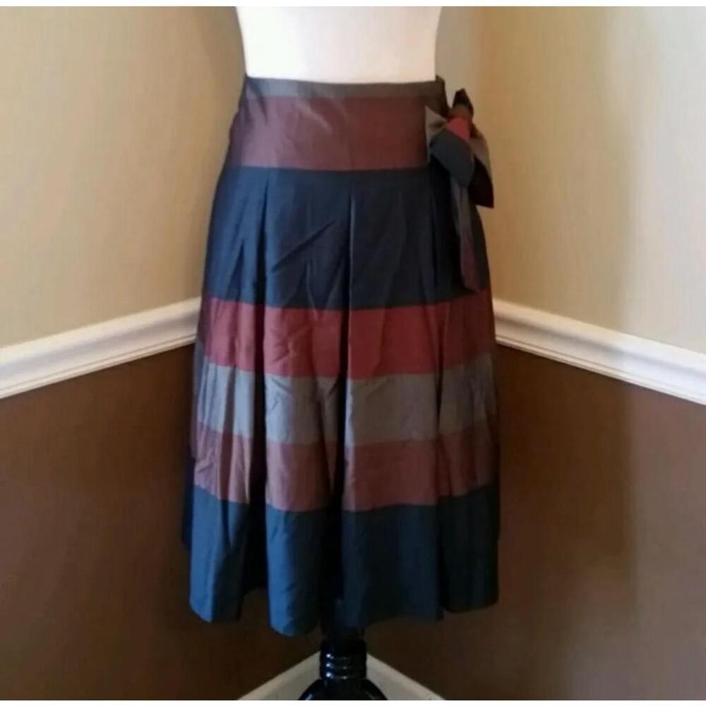Pleated Midi Skirt with Bow Muted Multicolor Stripes from Modcloth by Guzella